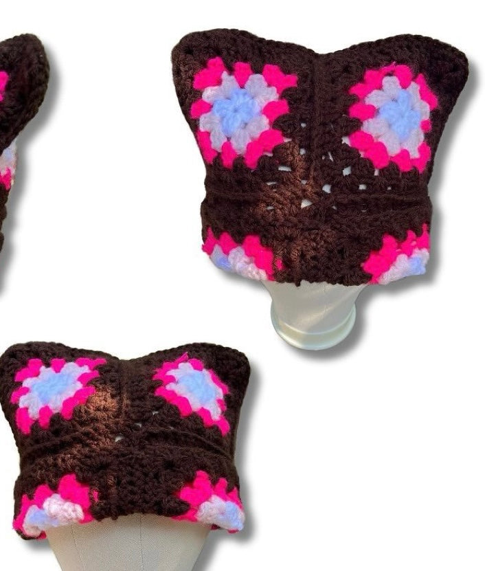 Bonnet Cat Granny Square – Style Félin – 100% Coton – Fait Main – €24,99